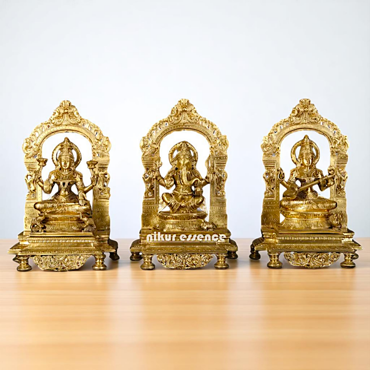 Goddess Lakshmi Ganesha Saraswati Seated on throne kirtimukha with Blessing Bronze/Panchaloha idol - 1 Feet Nikuressence
