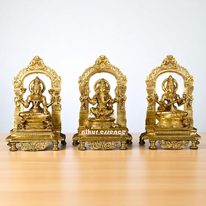 Goddess Lakshmi Ganesha Saraswati Seated on throne kirtimukha with Blessing Bronze/Panchaloha idol - 1 Feet Nikuressence