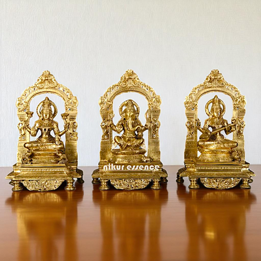 Goddess Lakshmi Ganesha Saraswati Seated on throne kirtimukha with Blessing Bronze/Panchaloha idol - 1 Feet Nikuressence