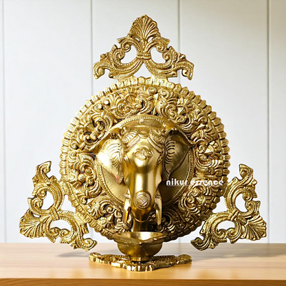 Lord Ganesha Head with Diya wall hanging Bronze/Panchaloha idol - 1 Feet Nikuressence