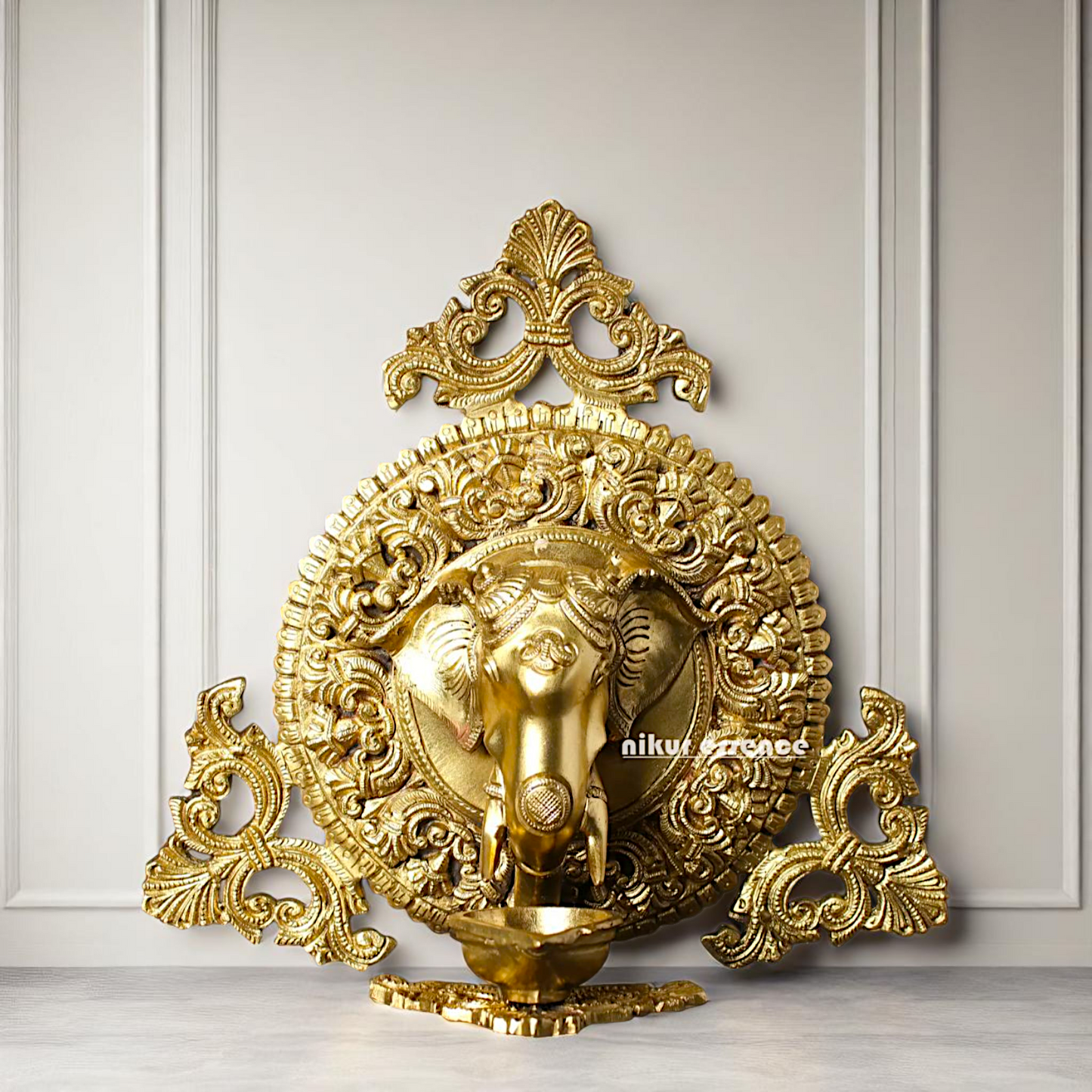 Lord Ganesha Head with Diya wall hanging Bronze/Panchaloha idol - 1 Feet Nikuressence