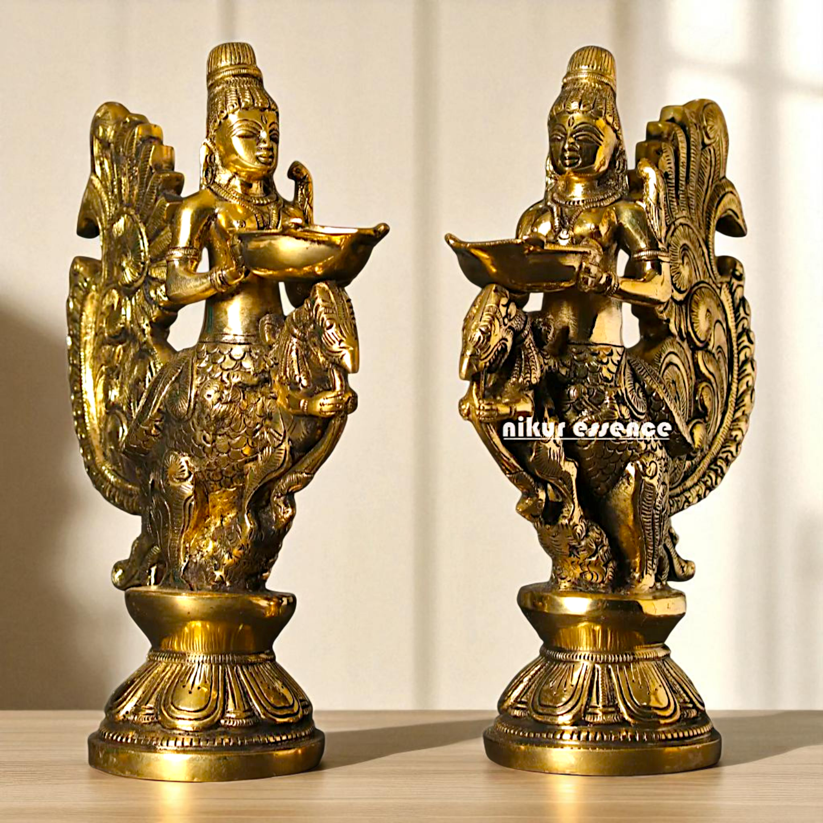 Gandharvas Pair Diya oil lamp Standing Bronze/Panchaloha idol - 10 Inches Nikuressence
