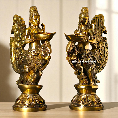 Gandharvas Pair Diya oil lamp Standing Bronze/Panchaloha idol - 10 Inches Nikuressence