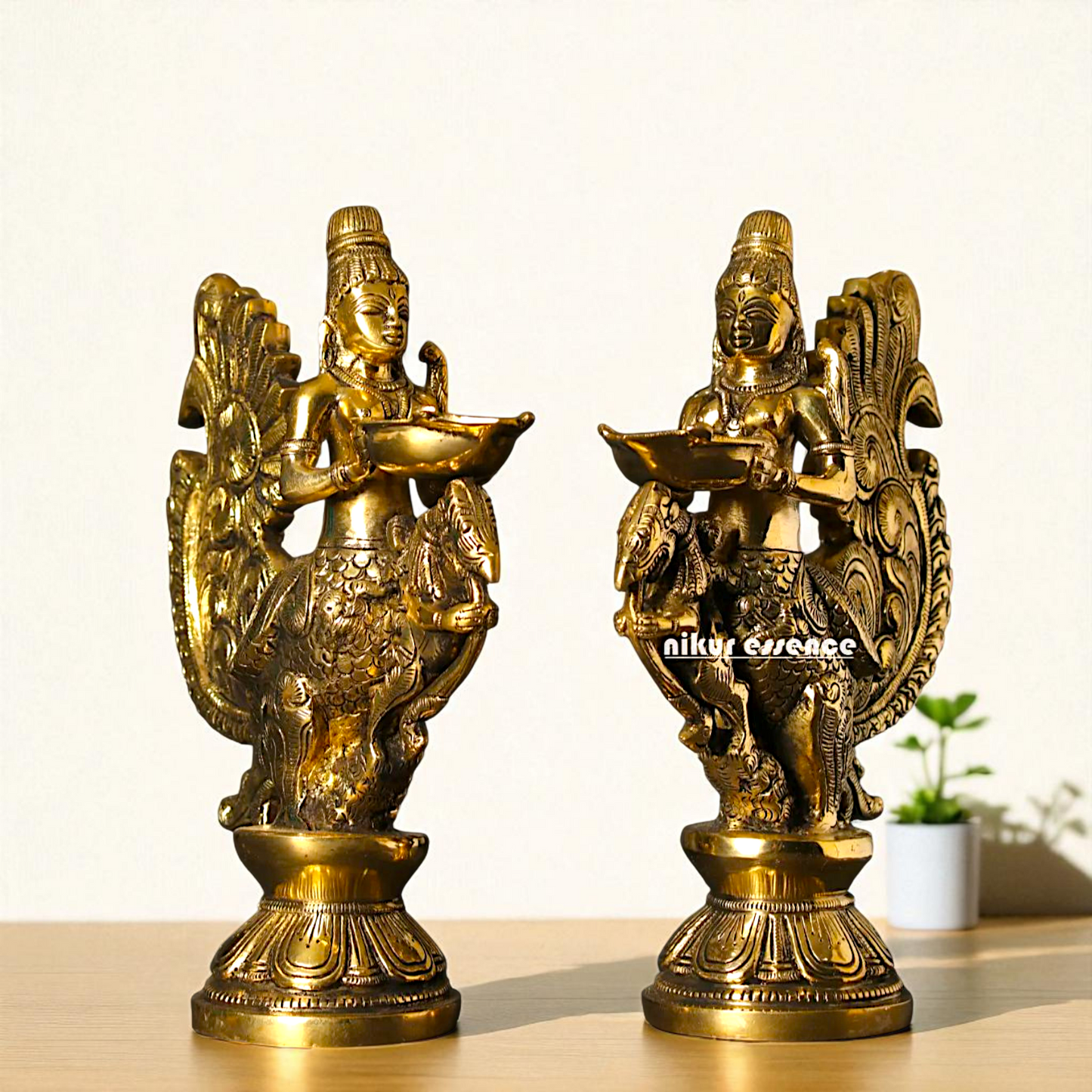 Gandharvas Pair Diya oil lamp Standing Bronze/Panchaloha idol - 10 Inches Nikuressence
