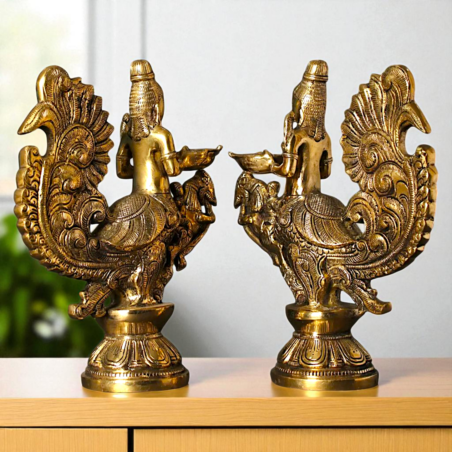 Gandharvas Pair Diya oil lamp Standing Bronze/Panchaloha idol - 10 Inches Nikuressence