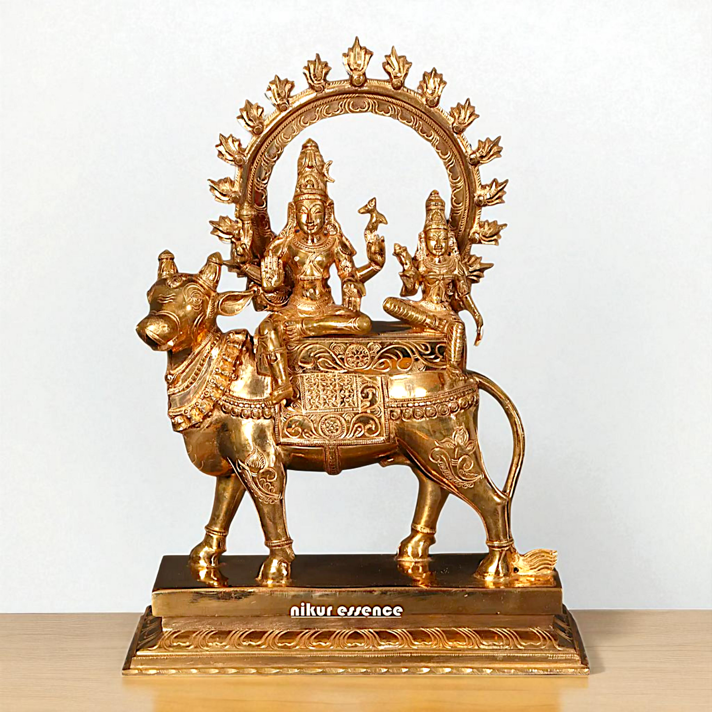 Bronze/Panchaloha Shiva Parvati Seated on Nandi with Blessing statue - 15 inches Nikuressence