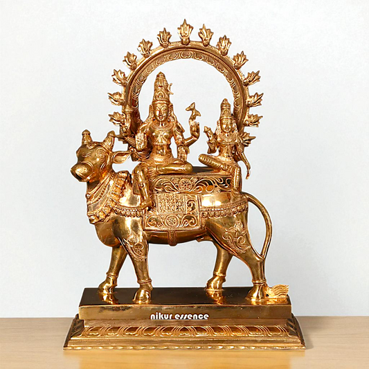 Bronze/Panchaloha Shiva Parvati Seated on Nandi with Blessing statue - 15 inches Nikuressence