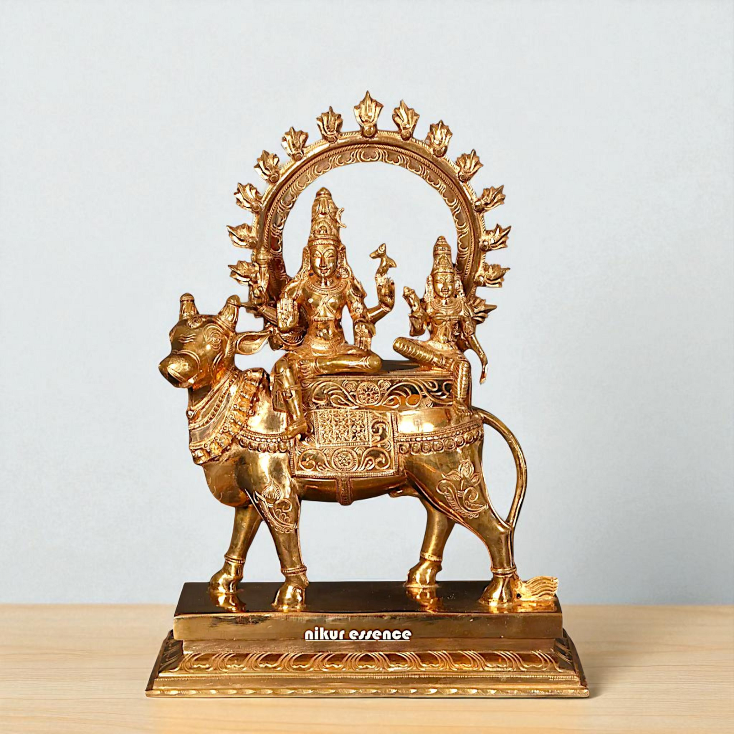 Bronze/Panchaloha Shiva Parvati Seated on Nandi with Blessing statue - 15 inches Nikuressence