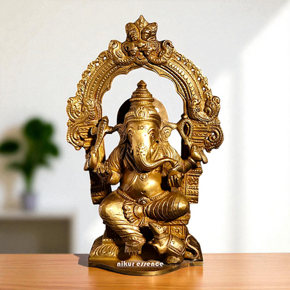 Lord Vinayaka Ganesha Seated on kirtimukha throne with Blessing Bronze/Panchaloha idol - 7 Inches Nikuressence