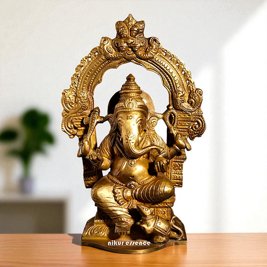 Lord Vinayaka Ganesha Seated on kirtimukha throne with Blessing Bronze/Panchaloha idol - 7 Inches Nikuressence