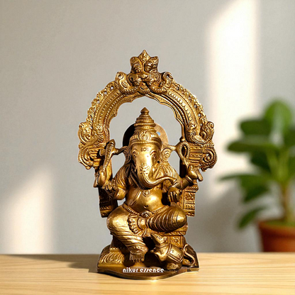 Lord Vinayaka Ganesha Seated on kirtimukha throne with Blessing Bronze/Panchaloha idol - 7 Inches Nikuressence