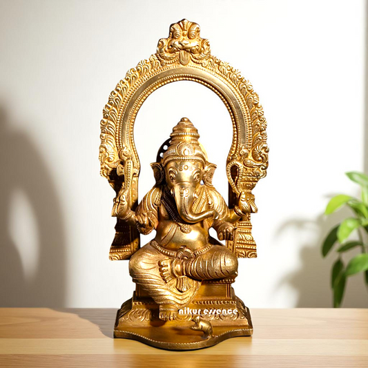 Lord Ganesha Ganpati Seated on kirtimukha throne with Blessing Bronze/Panchaloha idol - 8 Inches Nikuressence
