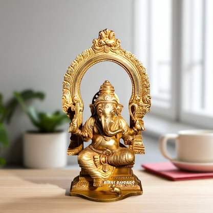 Lord Ganesha Ganpati Seated on kirtimukha throne with Blessing Bronze/Panchaloha idol - 8 Inches Nikuressence