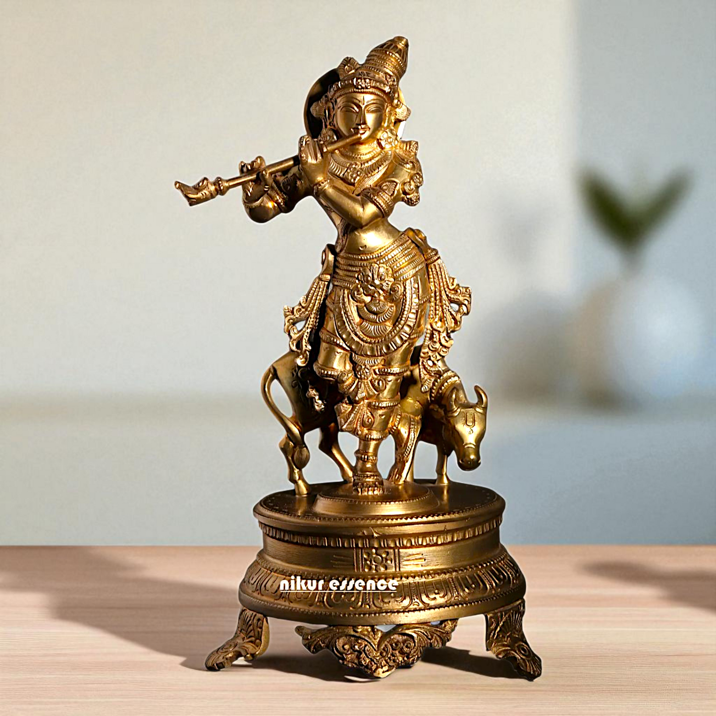 Lord Venugopal Krishna with Cow Standing Playing Flute Bronze/Panchaloha idol - 11 Inches Nikuressence