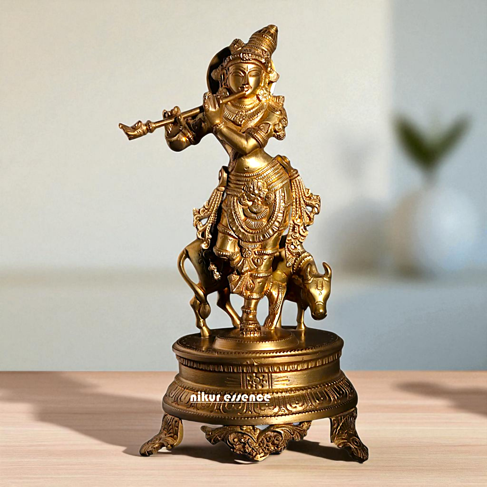 Lord Venugopal Krishna with Cow Standing Playing Flute Bronze/Panchaloha idol - 11 Inches Nikuressence