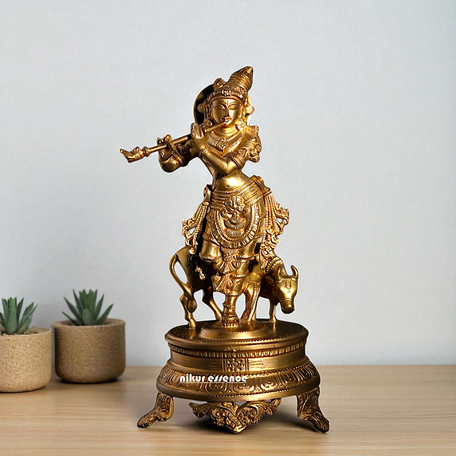 Lord Venugopal Krishna with Cow Standing Playing Flute Bronze/Panchaloha idol - 11 Inches Nikuressence