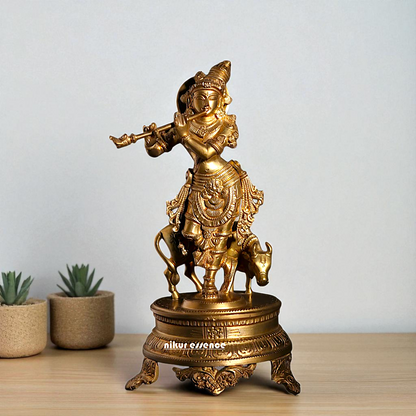 Lord Venugopal Krishna with Cow Standing Playing Flute Bronze/Panchaloha idol - 11 Inches Nikuressence