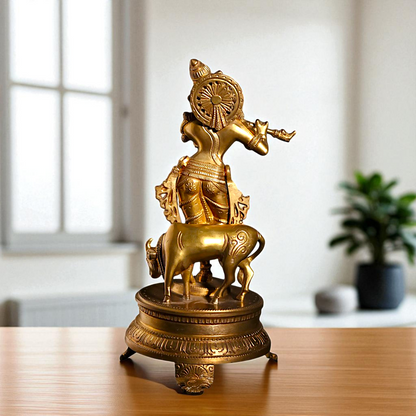 Lord Venugopal Krishna with Cow Standing Playing Flute Bronze/Panchaloha idol - 11 Inches Nikuressence