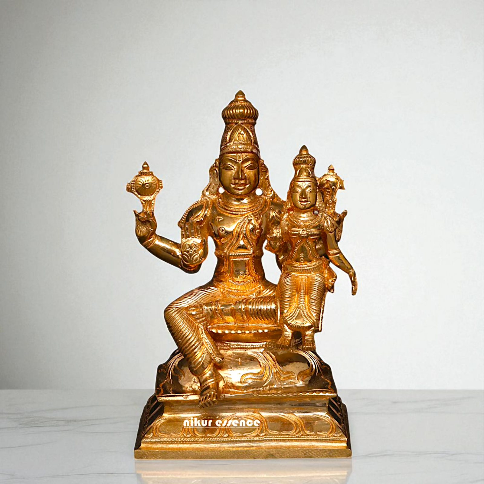 Vishnu Narayan Bhagwan with Lakshmi seated Blessing Bronze/Panchaloha idol - 7 Inches Nikuressence