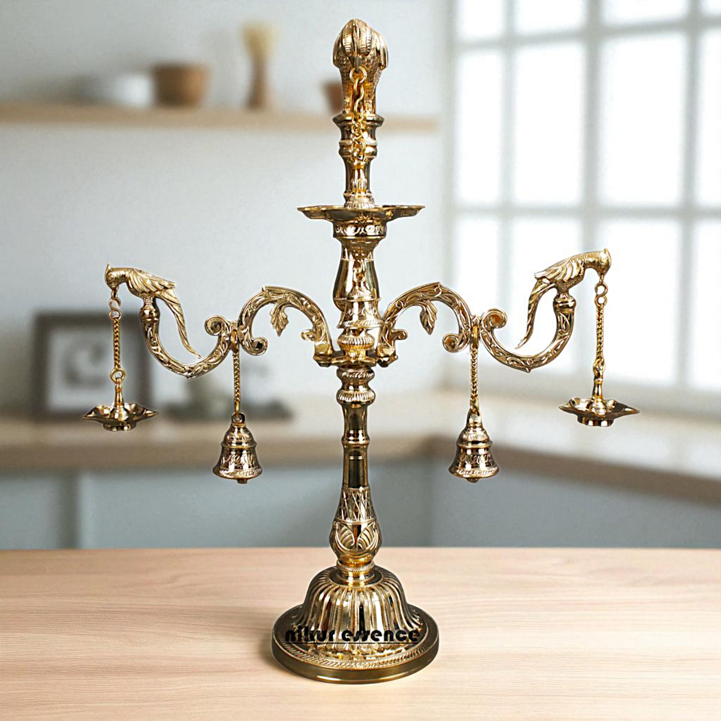 Parrot Diya lamps with Bells Bronze/Panchaloha - 30 Inches Nikuressence