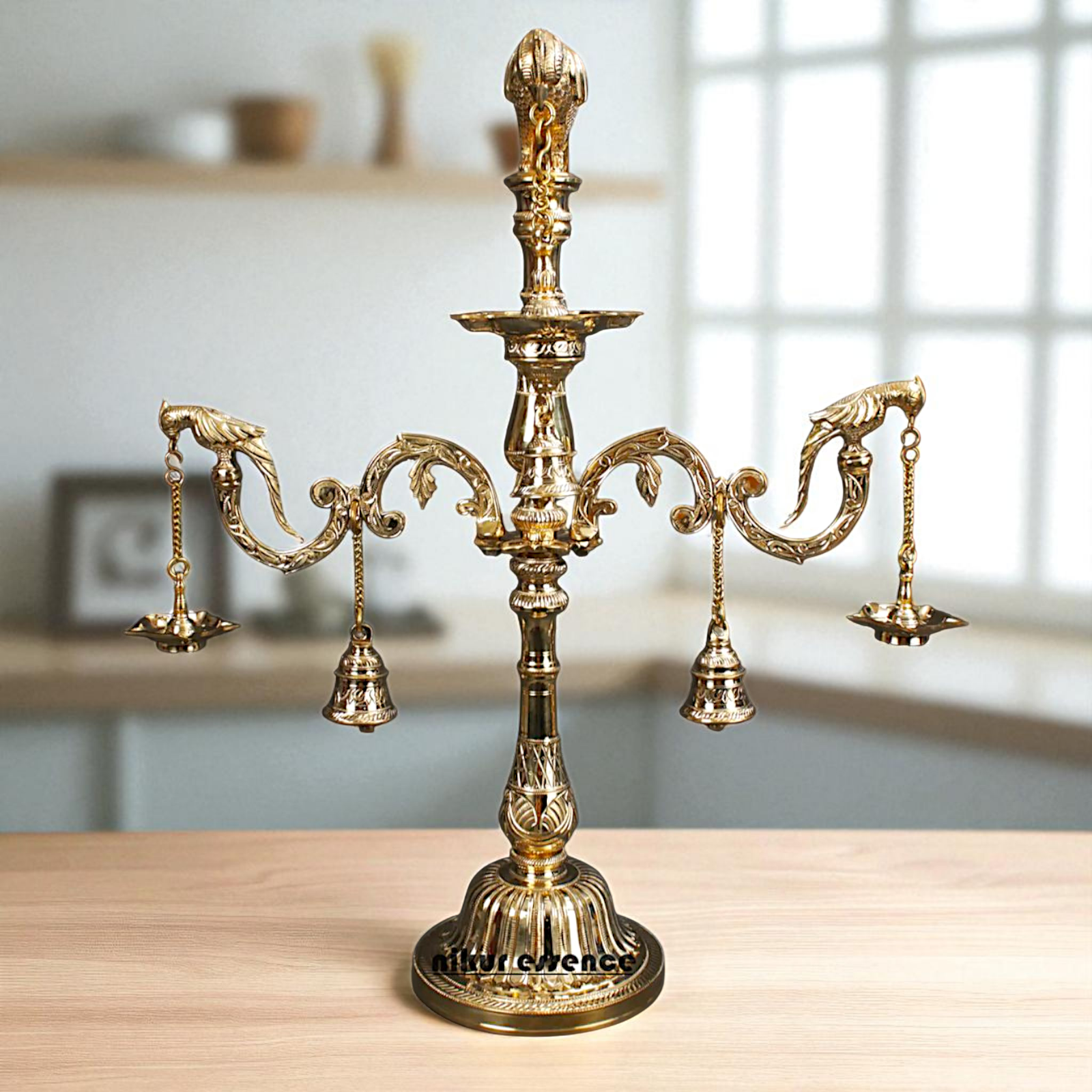 Parrot Diya lamps with Bells Bronze/Panchaloha - 30 Inches Nikuressence