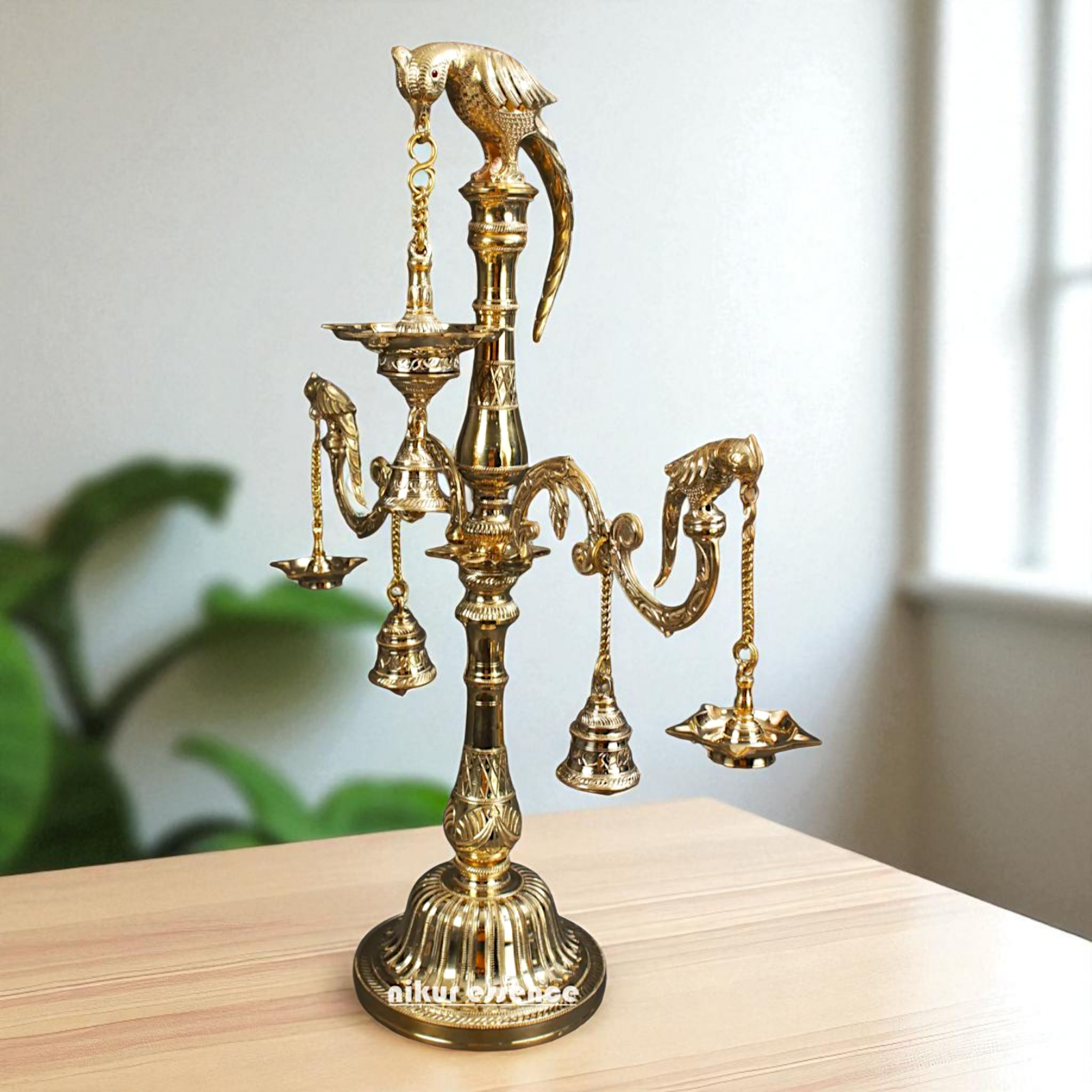 Parrot Diya lamps with Bells Bronze/Panchaloha - 30 Inches Nikuressence