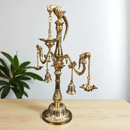 Parrot Diya lamps with Bells Bronze/Panchaloha - 30 Inches Nikuressence