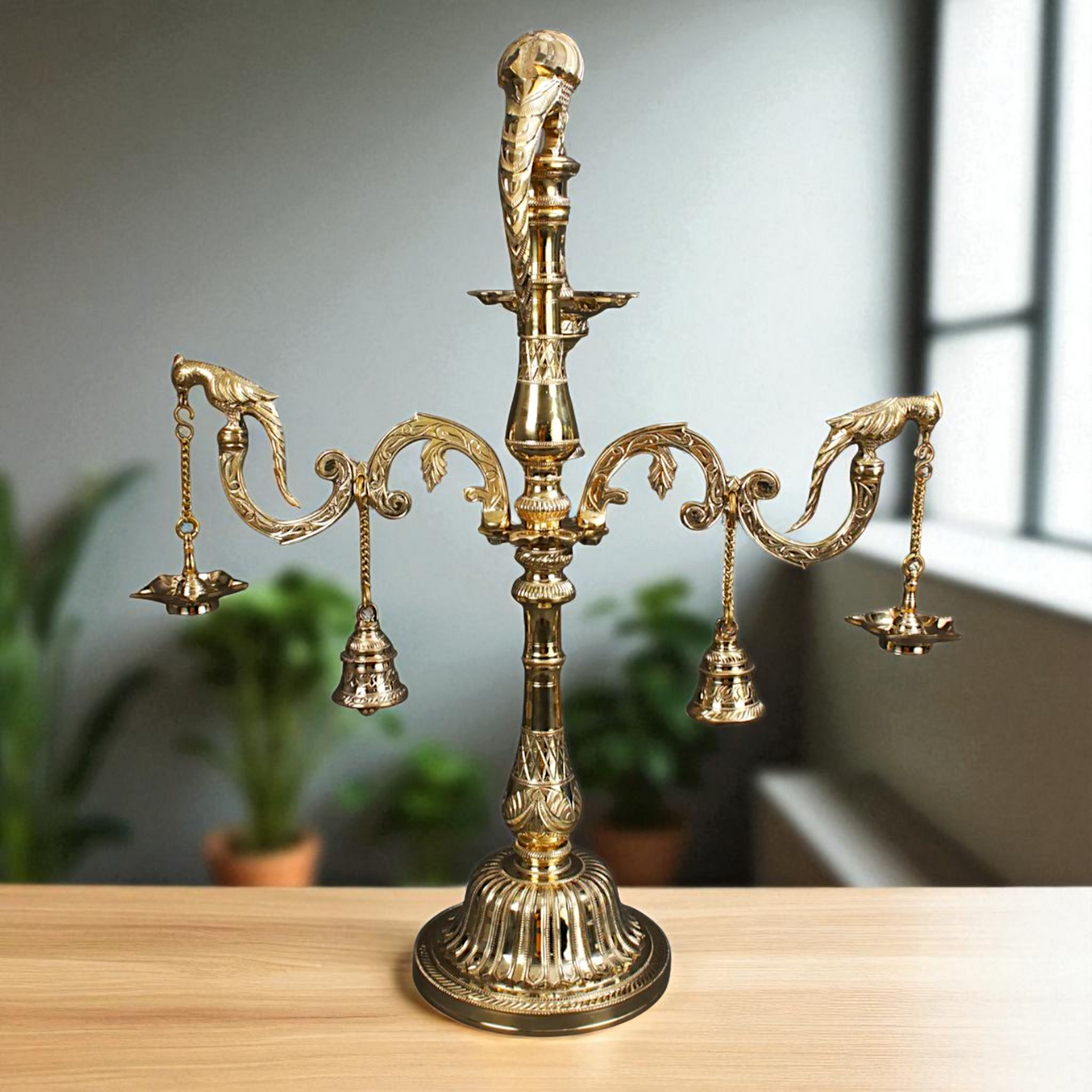 Parrot Diya lamps with Bells Bronze/Panchaloha - 30 Inches Nikuressence