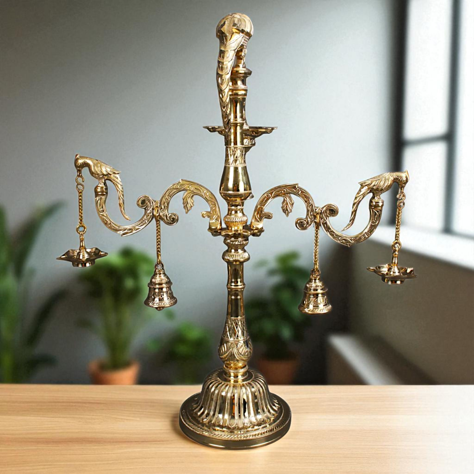 Parrot Diya lamps with Bells Bronze/Panchaloha - 30 Inches Nikuressence