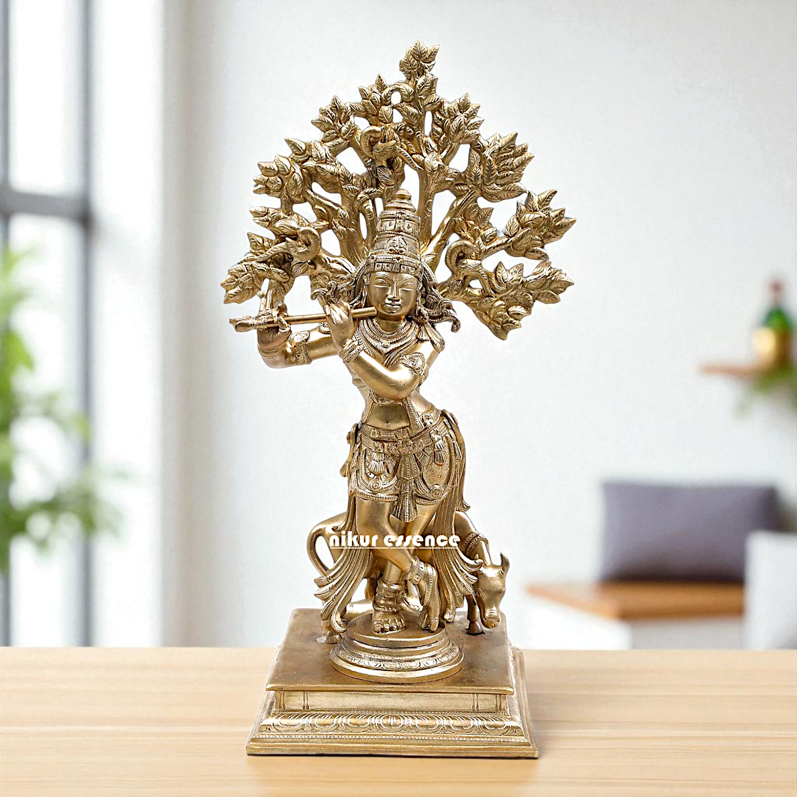 Shree Krishna Standing with Tree and cow Playing Flute Bronze/Panchaloha idol - 14 inches Nikuressence