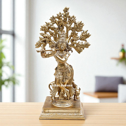 Shree Krishna Standing with Tree and cow Playing Flute Bronze/Panchaloha idol - 14 inches Nikuressence