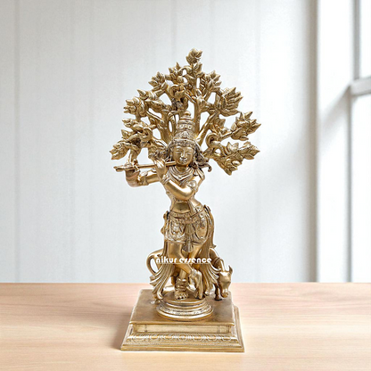 Shree Krishna Standing with Tree and cow Playing Flute Bronze/Panchaloha idol - 14 inches Nikuressence
