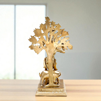 Shree Krishna Standing with Tree and cow Playing Flute Bronze/Panchaloha idol - 14 inches Nikuressence