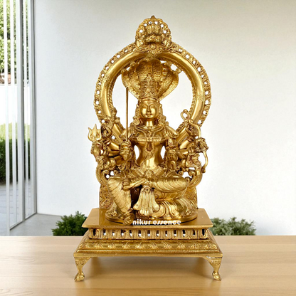 Bronze Mariamman Durga Devi Mata Seated on throne with sheshnag Panchaloha idol - 16 Inches Nikuressence