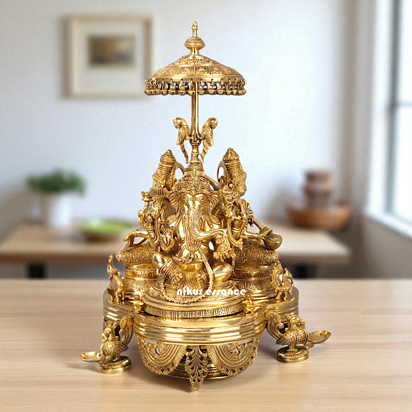 Ganesha Lakshmi Maa and Saraswati Seated with umbrella on top Bronze/Panchaloha idol - 26 Inches Nikuressence