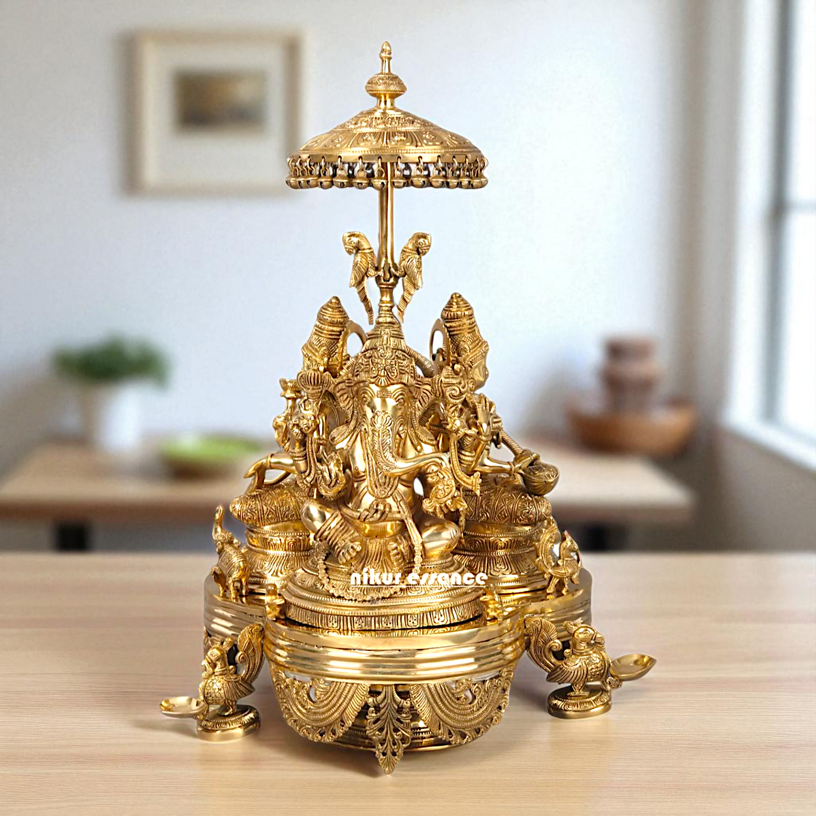 Ganesha Lakshmi Maa and Saraswati Seated with umbrella on top Bronze/Panchaloha idol - 26 Inches Nikuressence