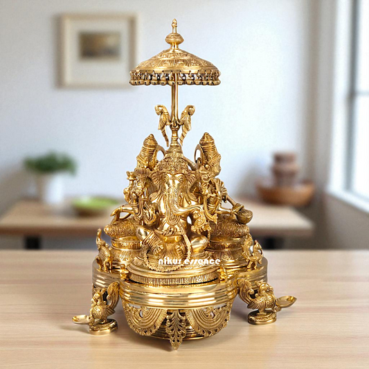 Ganesha Lakshmi Maa and Saraswati Seated with umbrella on top Bronze/Panchaloha idol - 26 Inches Nikuressence