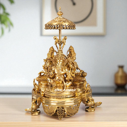 Ganesha Lakshmi Maa and Saraswati Seated with umbrella on top Bronze/Panchaloha idol - 26 Inches Nikuressence
