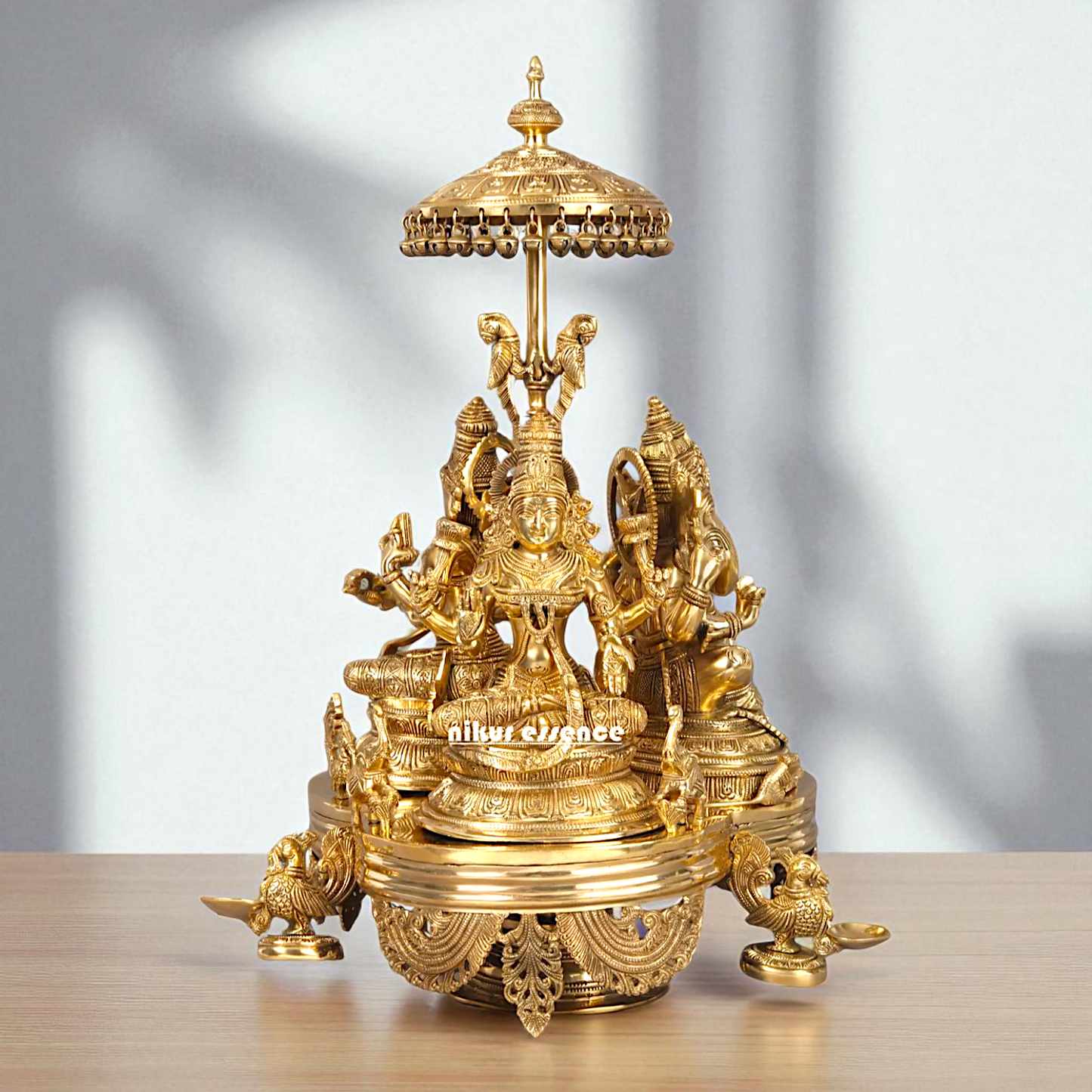Ganesha Lakshmi Maa and Saraswati Seated with umbrella on top Bronze/Panchaloha idol - 26 Inches Nikuressence