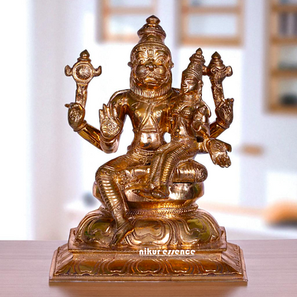 Narasimha Vishnu Bhagwan with Goddess Lakshmi seated Blessing Bronze/Panchaloha idol - 7 Inches Nikuressence