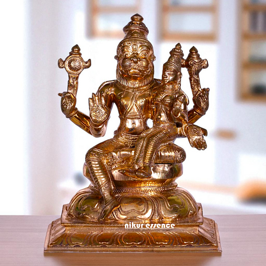 Narasimha Vishnu Bhagwan with Goddess Lakshmi seated Blessing Bronze/Panchaloha idol - 7 Inches Nikuressence