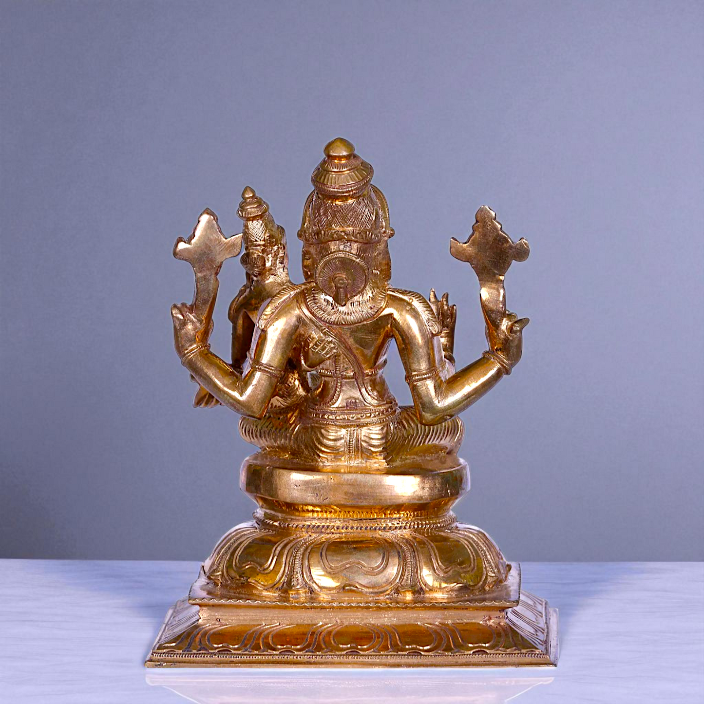 Narasimha Vishnu Bhagwan with Goddess Lakshmi seated Blessing Bronze/Panchaloha idol - 7 Inches Nikuressence