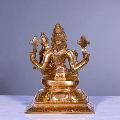 Narasimha Vishnu Bhagwan with Goddess Lakshmi seated Blessing Bronze/Panchaloha idol - 7 Inches Nikuressence