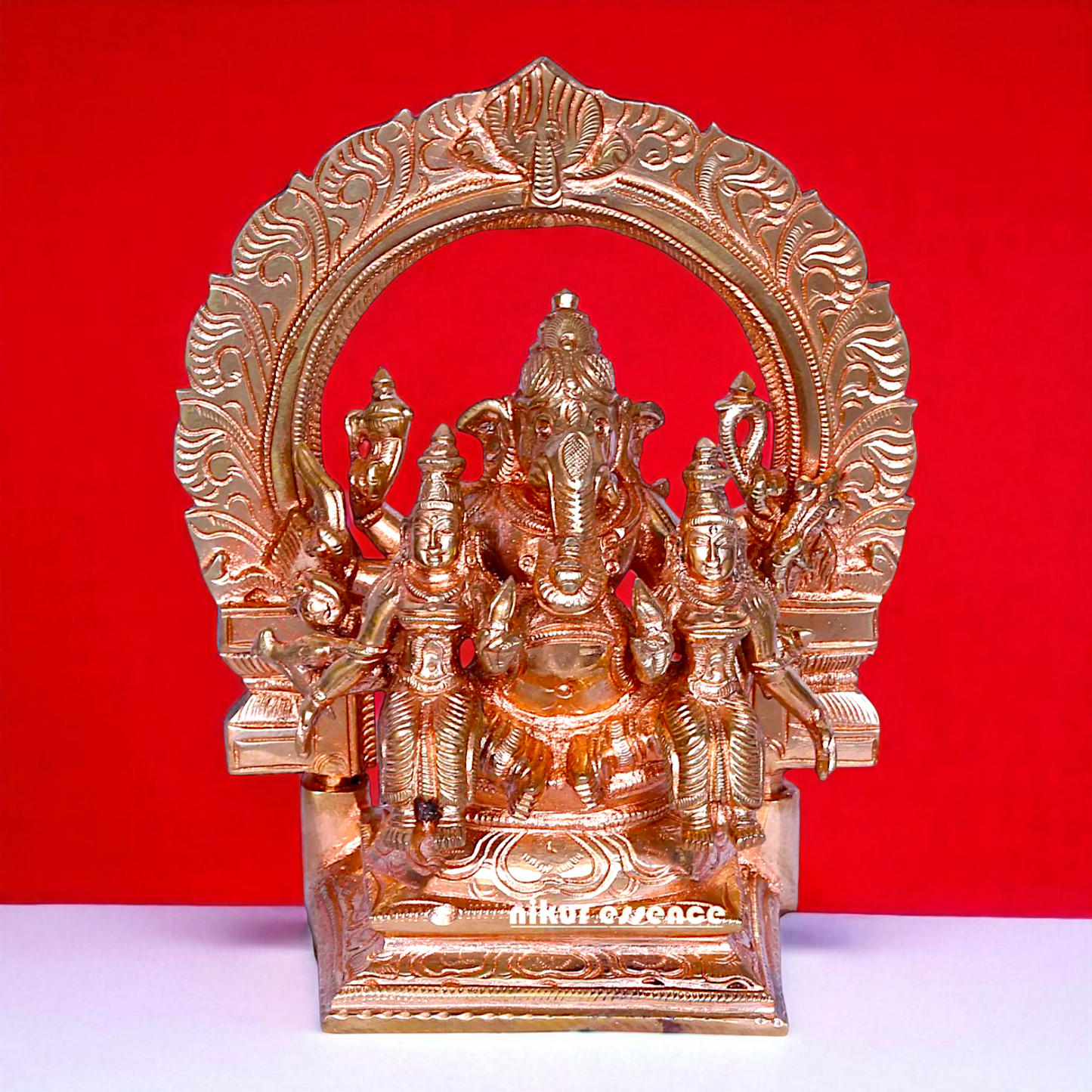 Lord Ganesha Seated with wives Goddess Riddhi Siddhi Blessing Bronze/Panchaloha idol - 6 inches Nikuressence