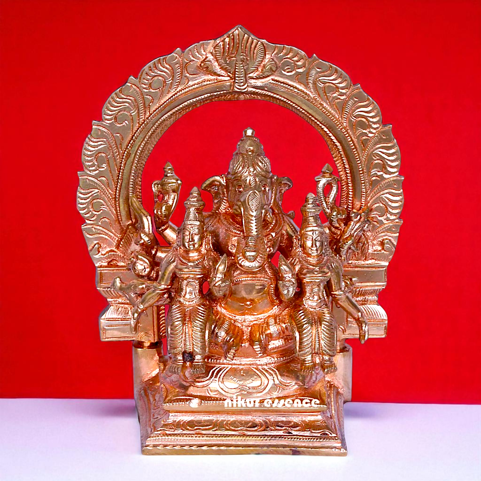 Lord Ganesha Seated with wives Goddess Riddhi Siddhi Blessing Bronze/Panchaloha idol - 6 inches Nikuressence