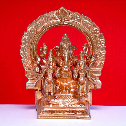 Lord Ganesha Seated with wives Goddess Riddhi Siddhi Blessing Bronze/Panchaloha idol - 6 inches Nikuressence