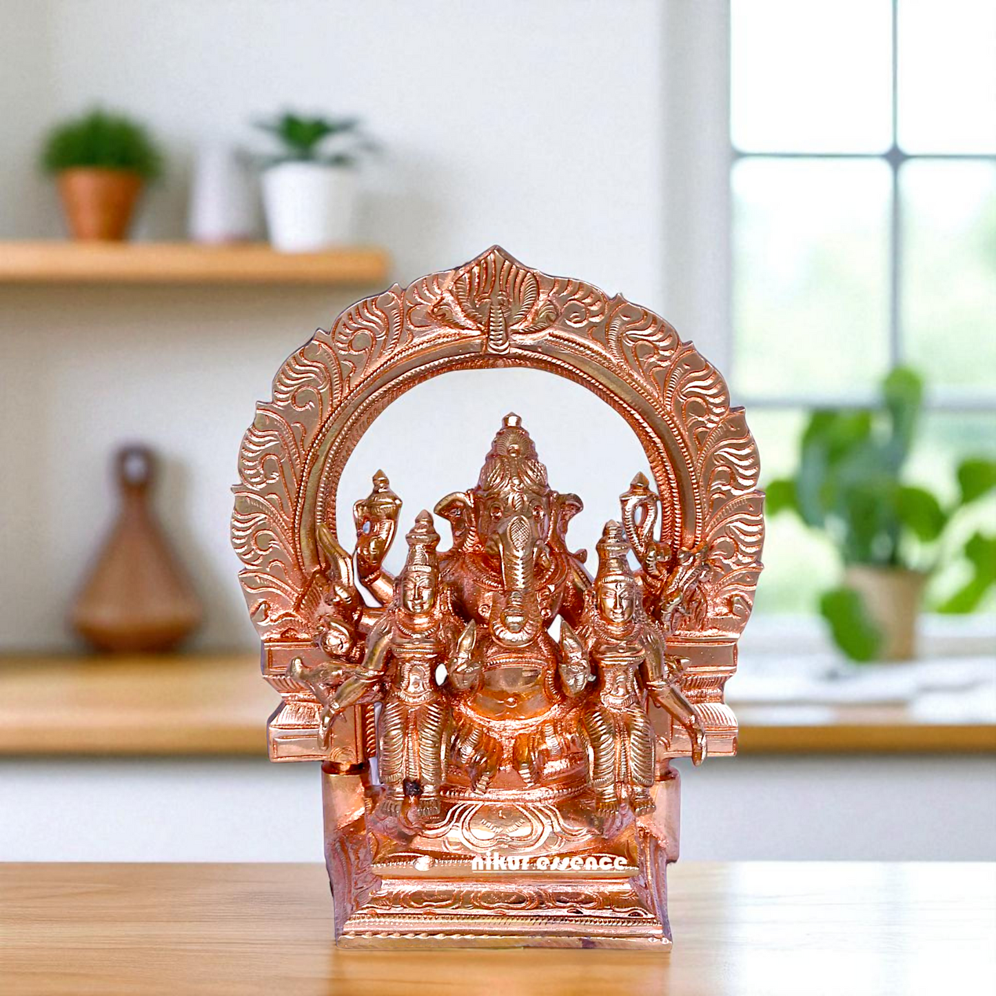 Lord Ganesha Seated with wives Goddess Riddhi Siddhi Blessing Bronze/Panchaloha idol - 6 inches Nikuressence