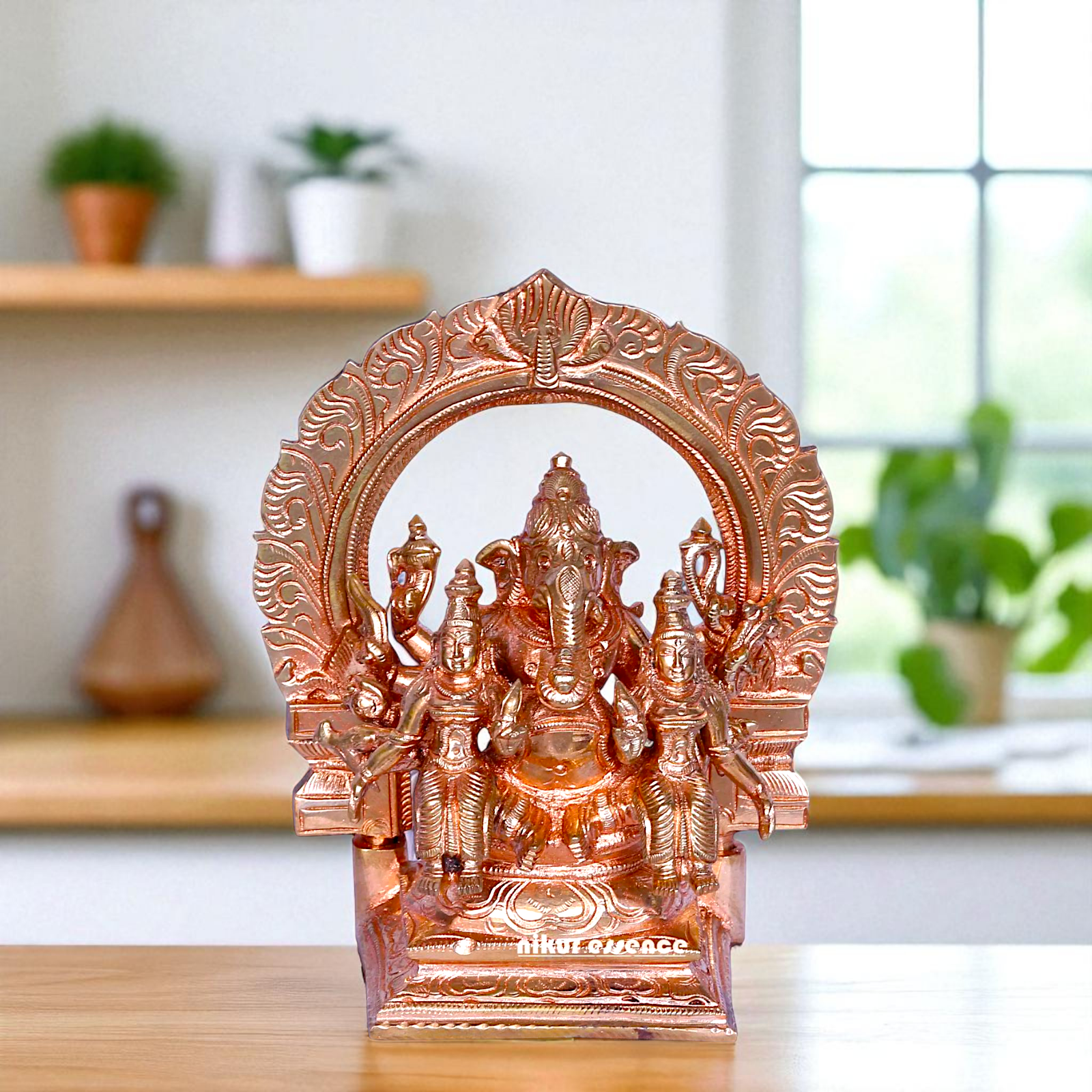 Lord Ganesha Seated with wives Goddess Riddhi Siddhi Blessing Bronze/Panchaloha idol - 6 inches Nikuressence