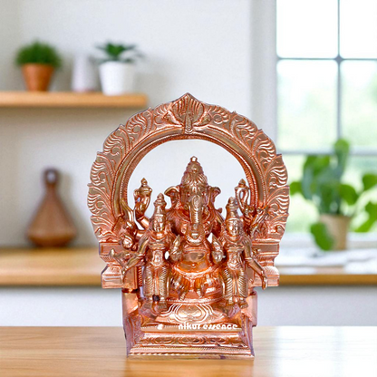 Lord Ganesha Seated with wives Goddess Riddhi Siddhi Blessing Bronze/Panchaloha idol - 6 inches Nikuressence
