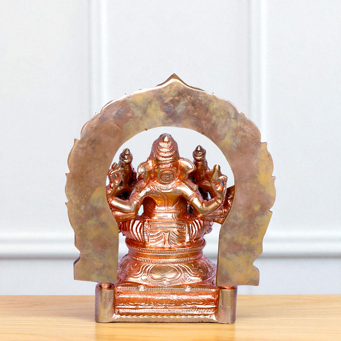 Lord Ganesha Seated with wives Goddess Riddhi Siddhi Blessing Bronze/Panchaloha idol - 6 inches Nikuressence